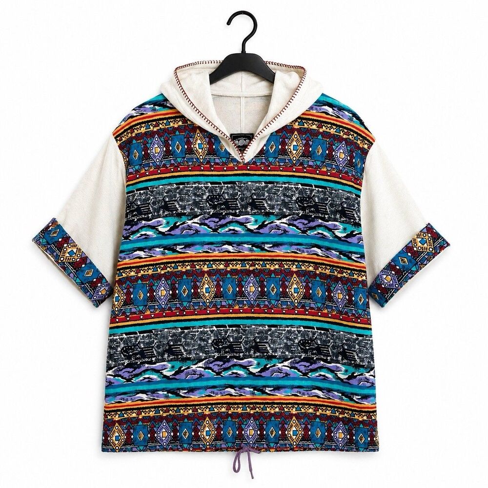 Vintage 80s Lightning Bolt Surf Hoodie Size 20W Made in USA Aztec Print All Over